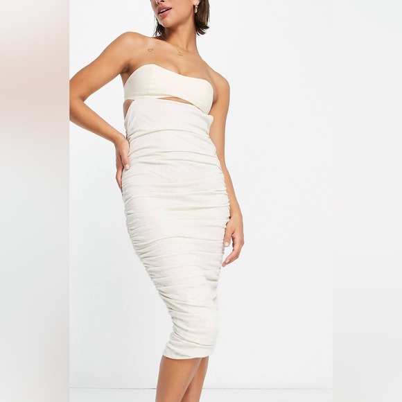 ASOS DESIGN bandeau linen slub mixed ruched bodycon midi dress stone - Picture 1 of 3